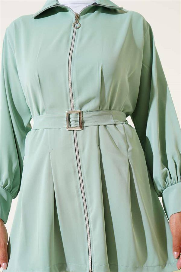 Pleated Waist Belted Zippered 2 Piece Set Mint