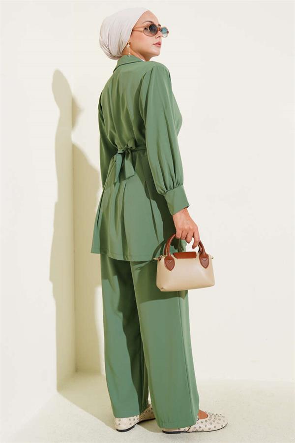 Waist Pleated Belted Zippered 2 Piece Set Almond Green