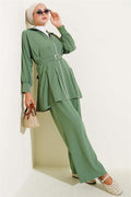 Waist Pleated Belted Zippered 2 Piece Set Almond Green