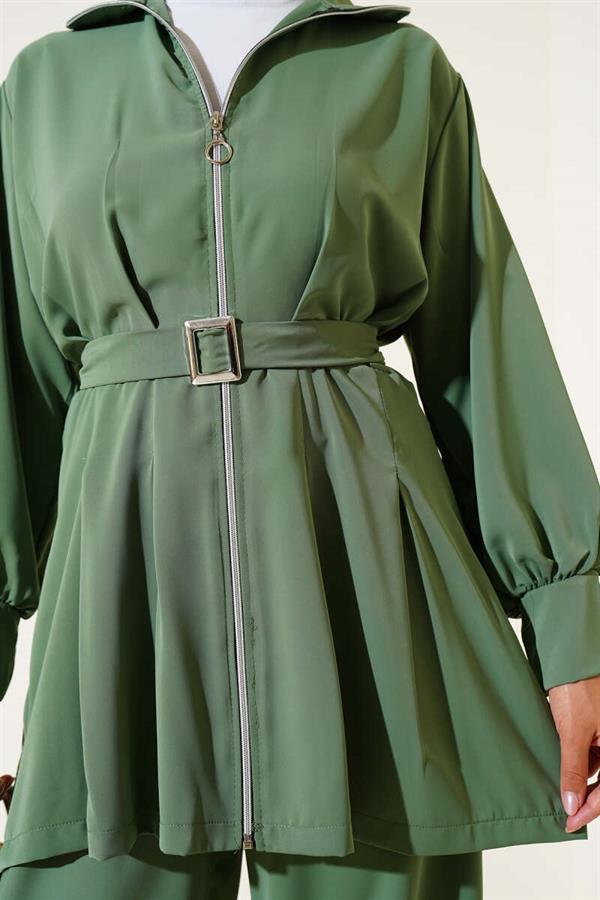 Waist Pleated Belted Zippered 2 Piece Set Almond Green