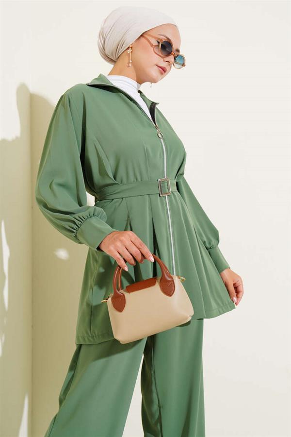 Waist Pleated Belted Zippered 2 Piece Set Almond Green