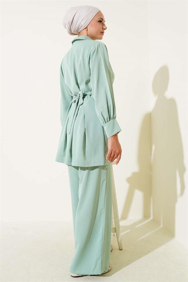Pleated Waist Belted Zippered 2 Piece Set Mint
