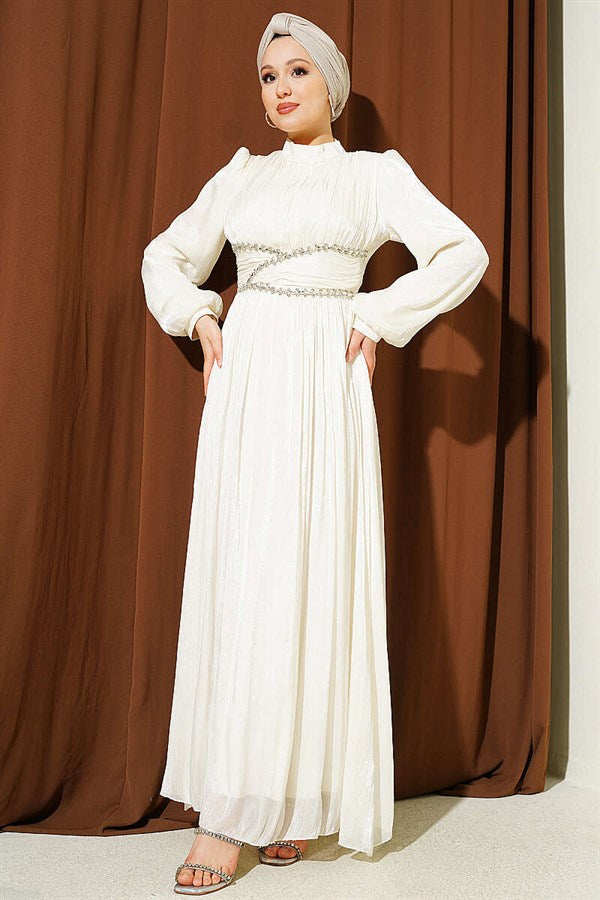 Belted Embellished Gathered Evening Dress, Ecru