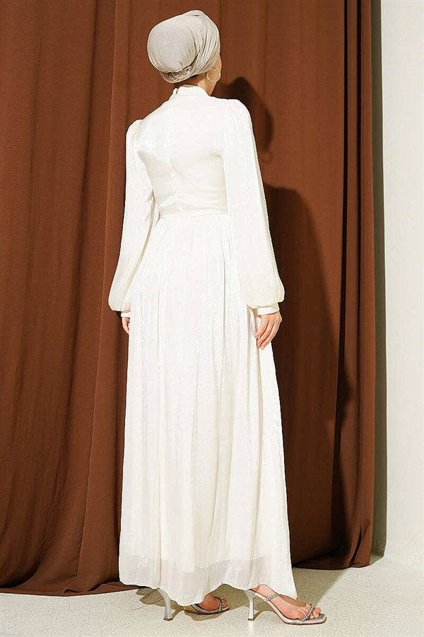 Belted Embellished Gathered Evening Dress, Ecru