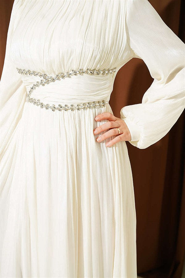 Belted Embellished Gathered Evening Dress, Ecru