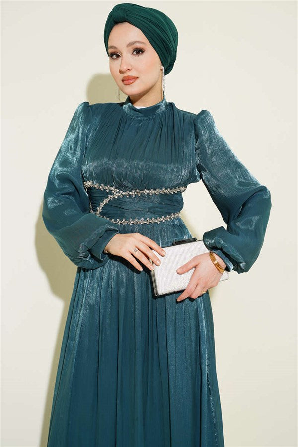 Waistband Embellished Gathered Evening Dress Emerald