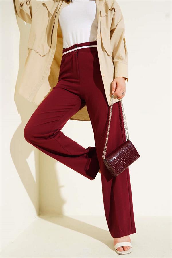 Buttoned Palazzo Trousers with Waist Stripe in Burgundy
