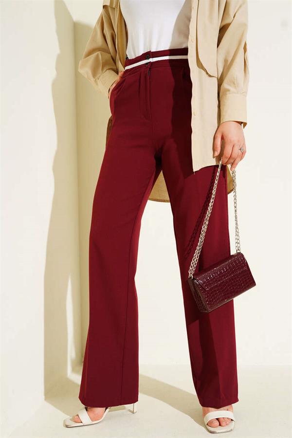 Buttoned Palazzo Trousers with Waist Stripe in Burgundy