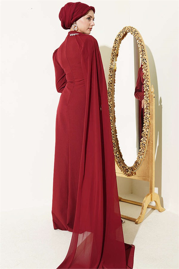 Burgundy Evening Dress with Waist Stone Detail and Cape