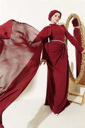 Burgundy Evening Dress with Waist Stone Detail and Cape