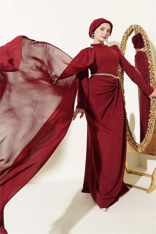 Burgundy Evening Dress with Waist Stone Detail and Cape