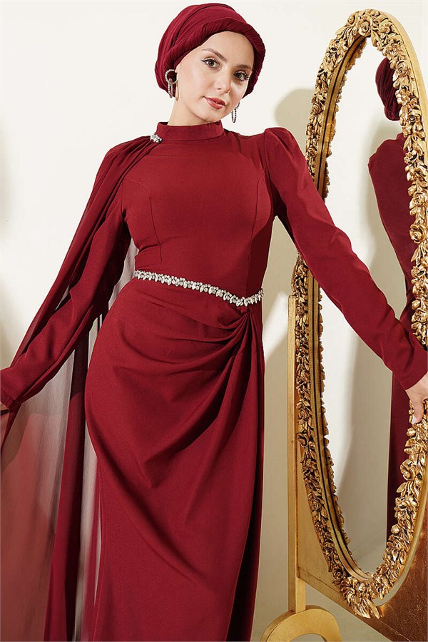 Burgundy Evening Dress with Waist Stone Detail and Cape