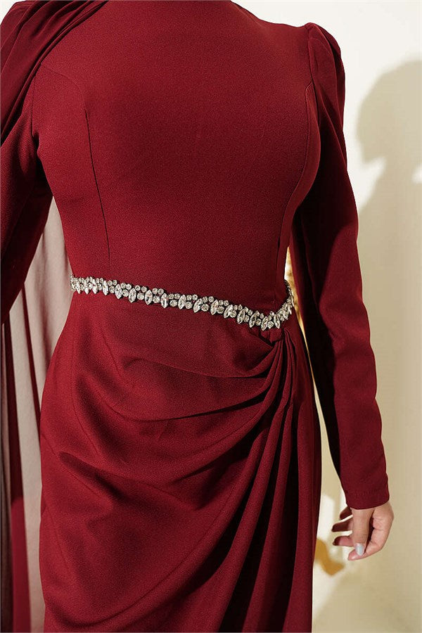 Burgundy Evening Dress with Waist Stone Detail and Cape