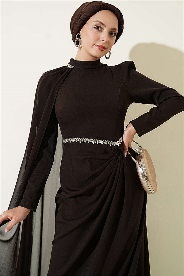 Waist Stone Detail Cape Evening Dress in Brown