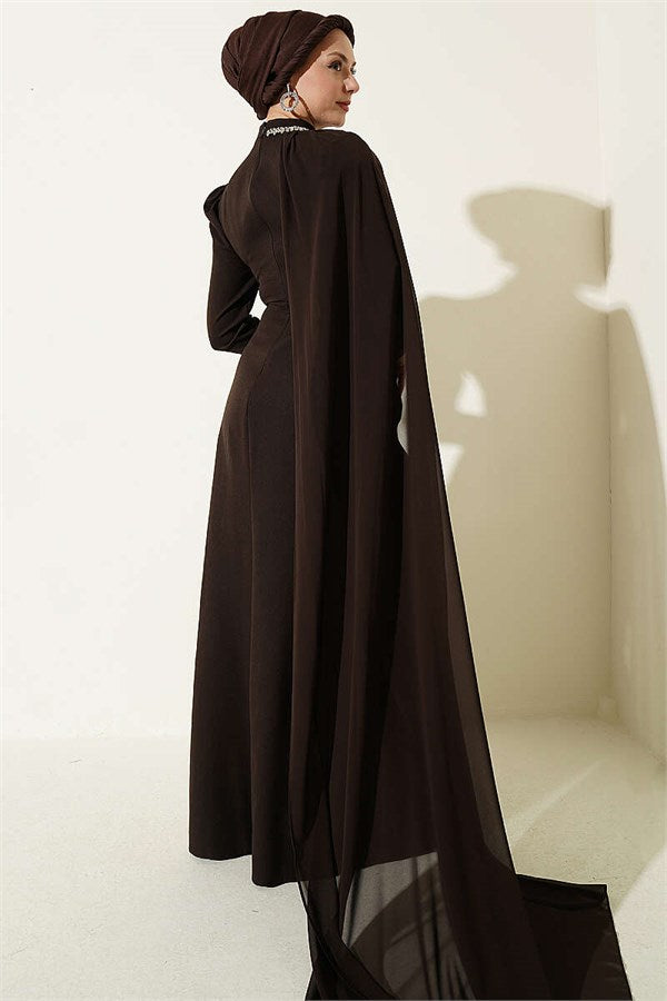 Waist Stone Detail Cape Evening Dress in Brown