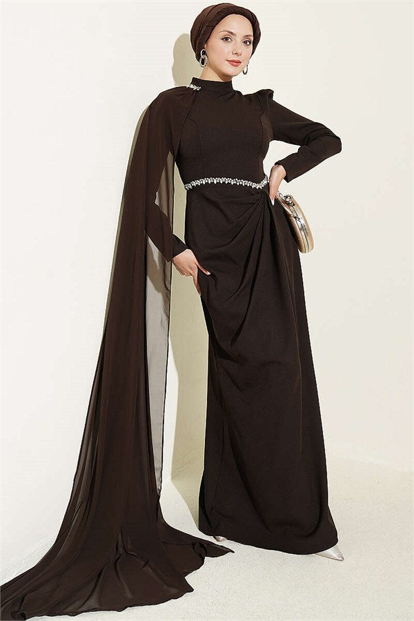 Waist Stone Detail Cape Evening Dress in Brown
