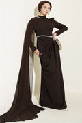 Waist Stone Detail Cape Evening Dress in Brown