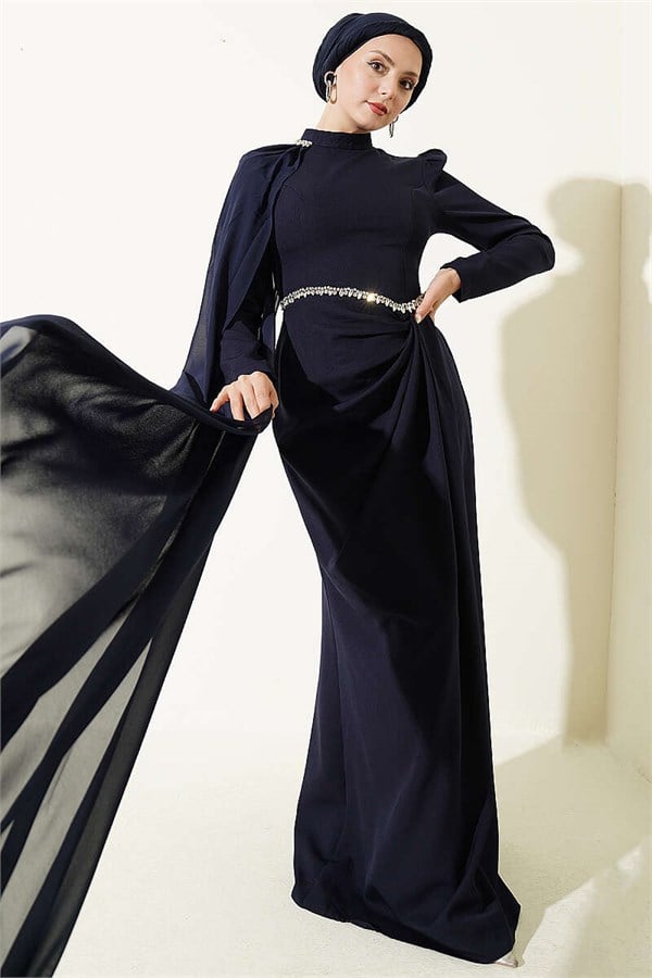 Navy Blue Cape Evening Dress with Stone Detail on the Waist