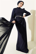 Navy Blue Cape Evening Dress with Stone Detail on the Waist