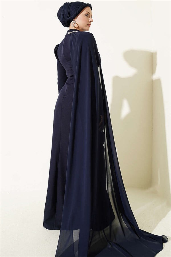 Navy Blue Cape Evening Dress with Stone Detail on the Waist
