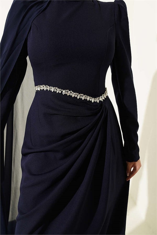 Navy Blue Cape Evening Dress with Stone Detail on the Waist