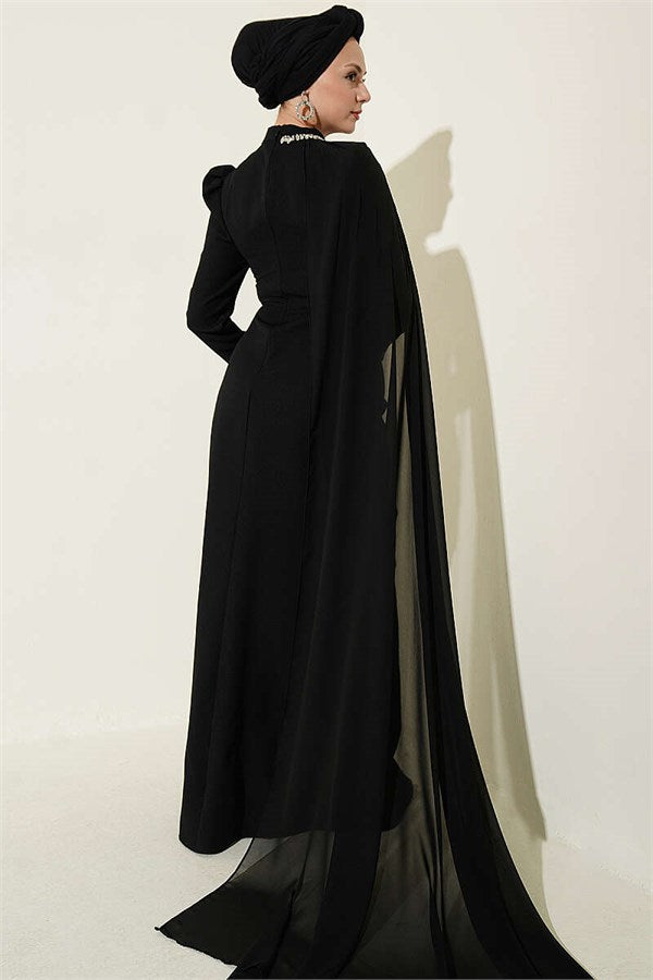 Black Evening Dress with Waist Stone Detail and Cape
