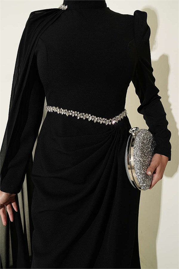 Black Evening Dress with Waist Stone Detail and Cape