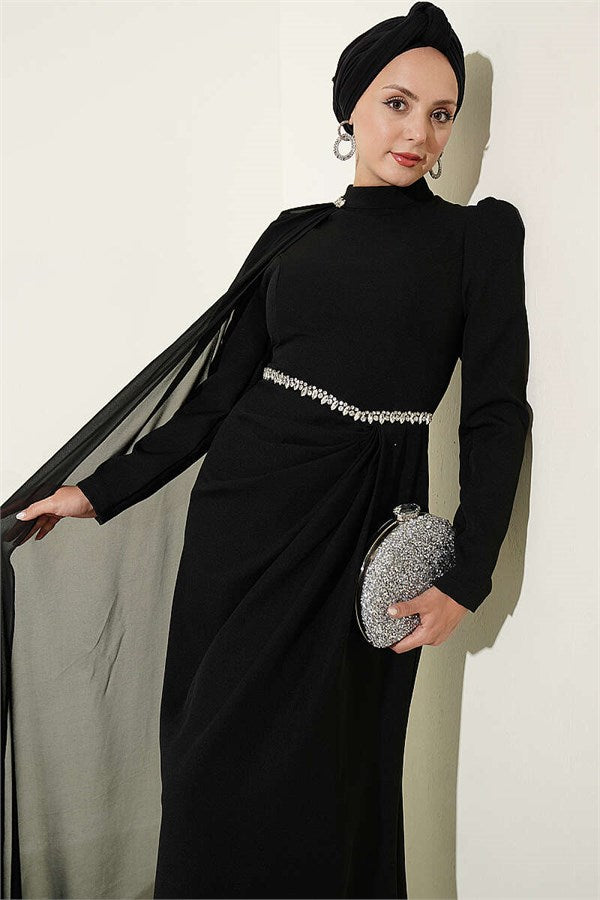 Black Evening Dress with Waist Stone Detail and Cape