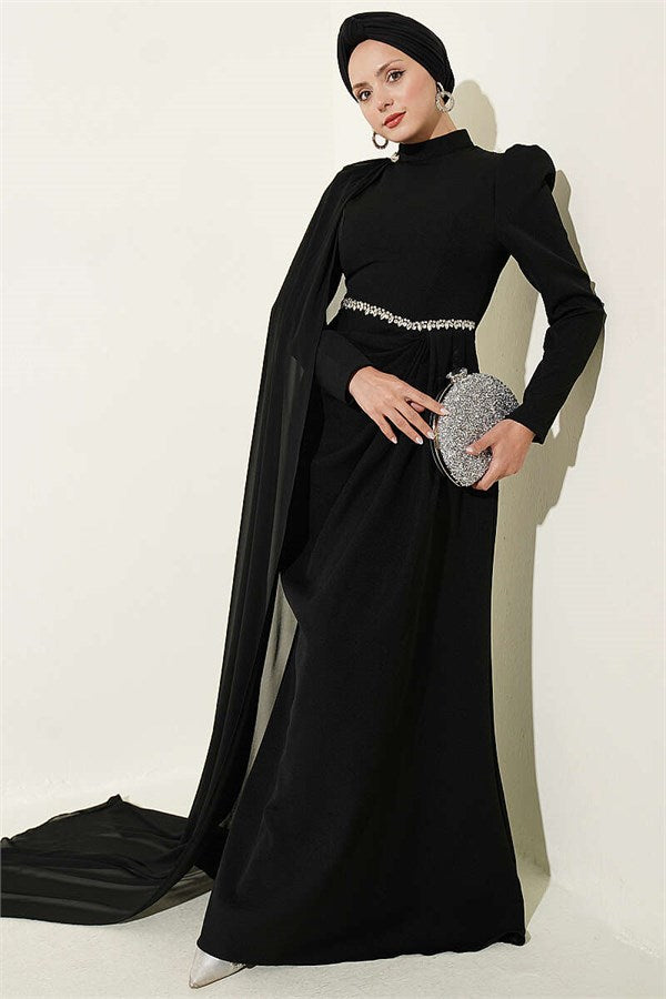 Black Evening Dress with Waist Stone Detail and Cape
