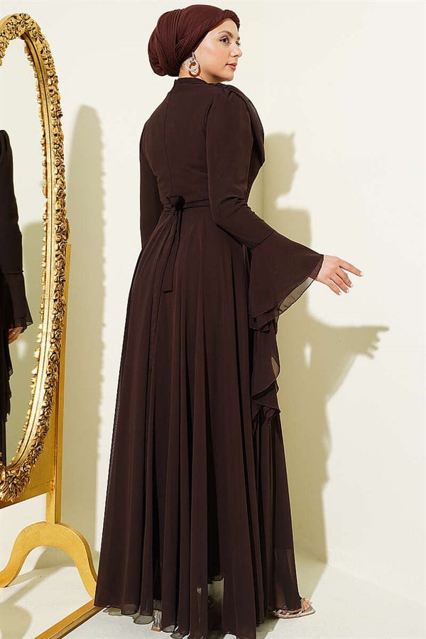 Belted, V-neck Chiffon Evening Dress, Dark Brown
