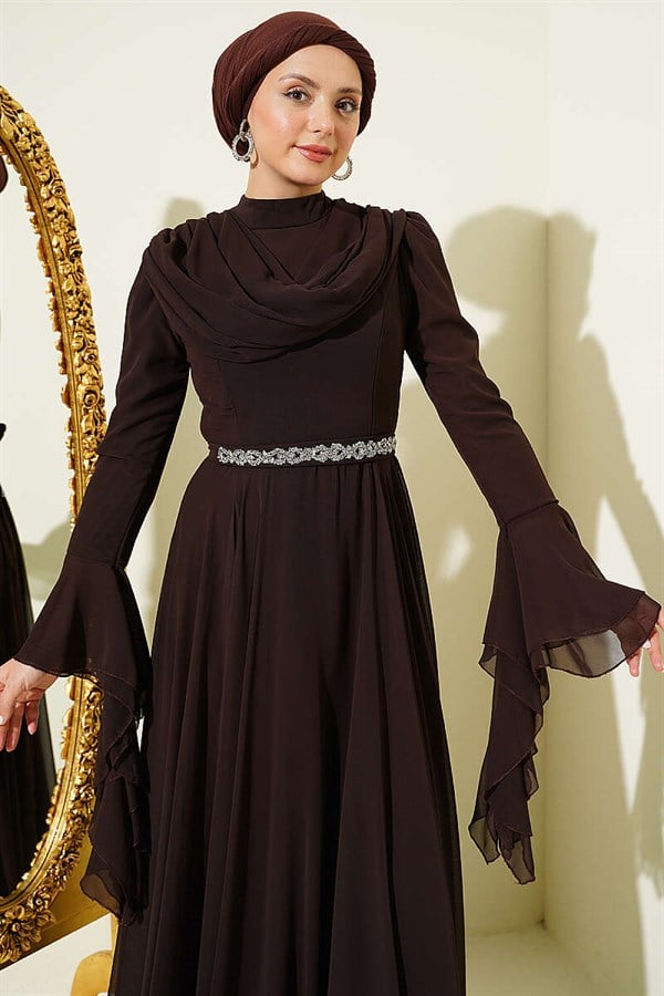 Belted, V-neck Chiffon Evening Dress, Dark Brown