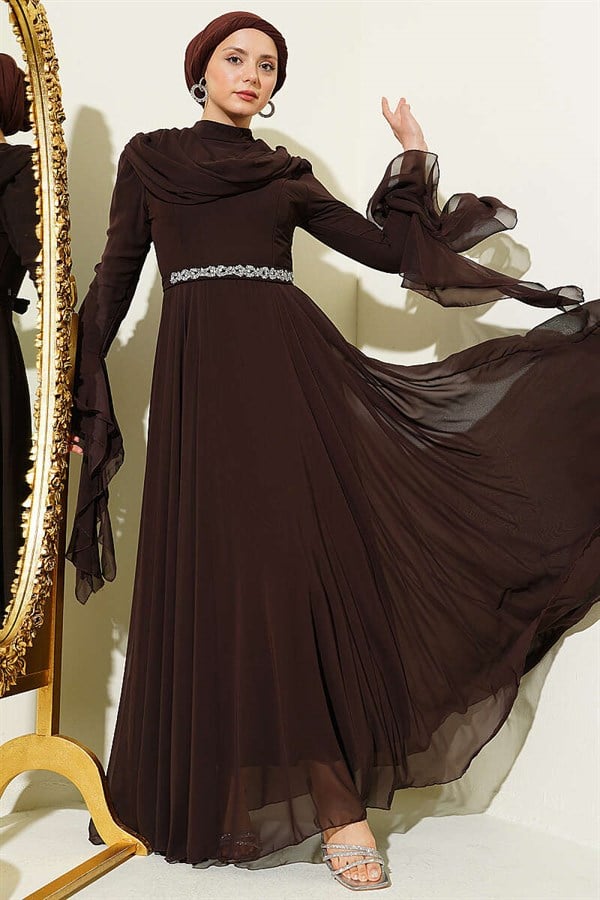 Belted, V-neck Chiffon Evening Dress, Dark Brown