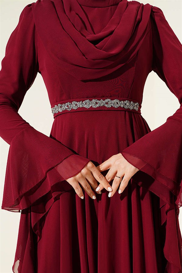 Burgundy Chiffon Evening Dress with Belt Detail and V-Neck