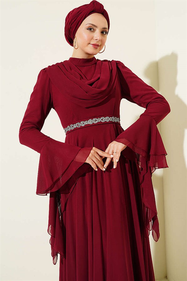 Burgundy Chiffon Evening Dress with Belt Detail and V-Neck