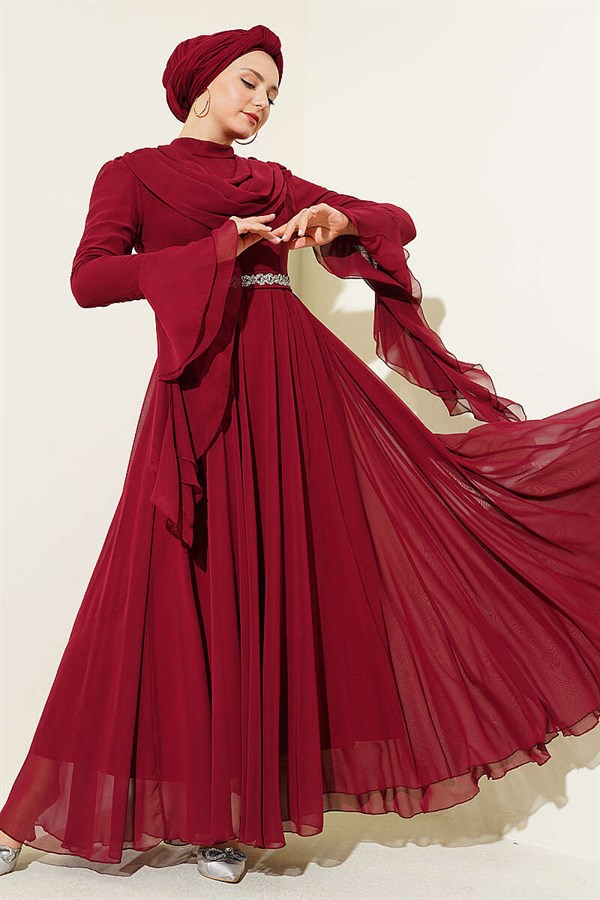 Burgundy Chiffon Evening Dress with Belt Detail and V-Neck