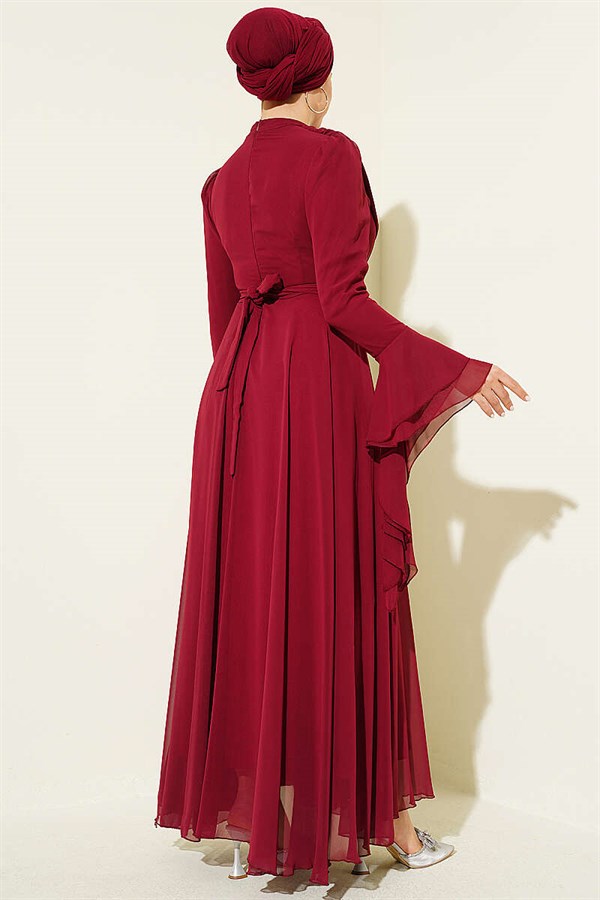 Burgundy Chiffon Evening Dress with Belt Detail and V-Neck