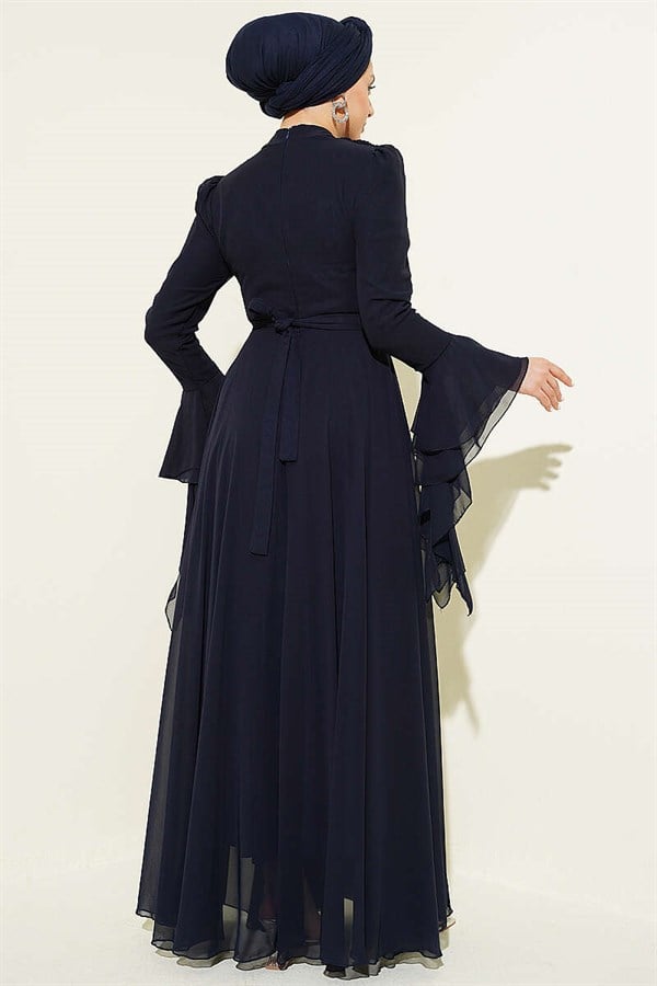 Navy Blue Chiffon Evening Dress with Belt Detail and V-Neck