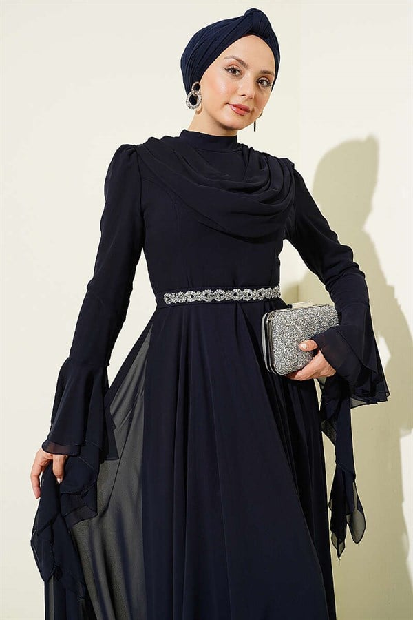Navy Blue Chiffon Evening Dress with Belt Detail and V-Neck