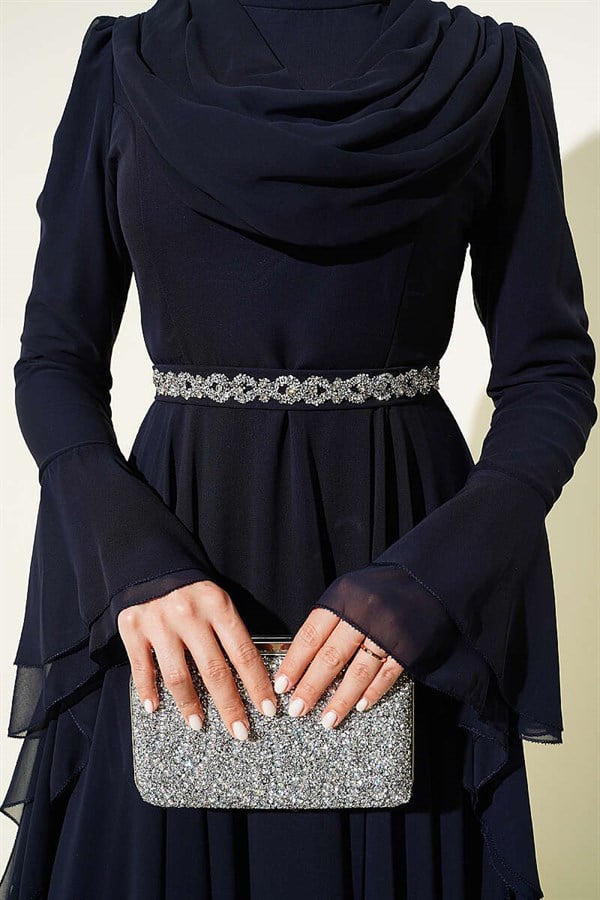 Navy Blue Chiffon Evening Dress with Belt Detail and V-Neck