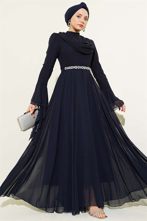 Navy Blue Chiffon Evening Dress with Belt Detail and V-Neck