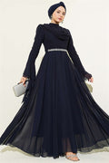Navy Blue Chiffon Evening Dress with Belt Detail and V-Neck