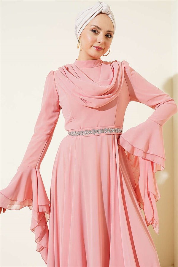 Waist-Embellished, V-Neck Chiffon Evening Dress in Powder Pink