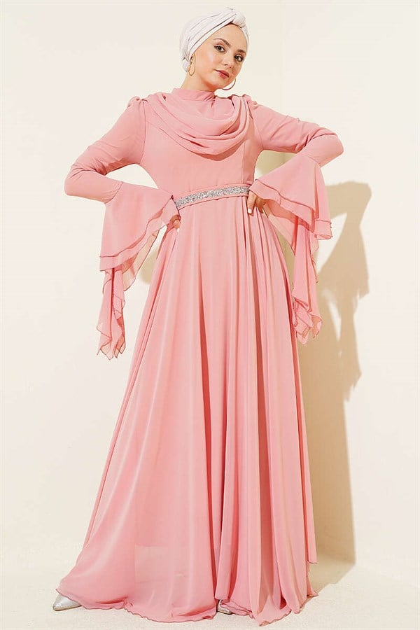 Waist-Embellished, V-Neck Chiffon Evening Dress in Powder Pink