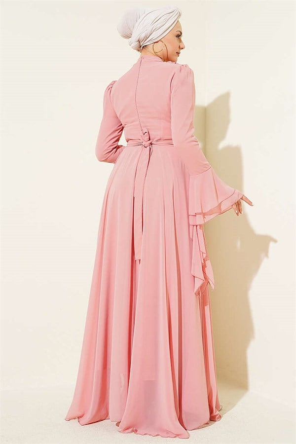 Waist-Embellished, V-Neck Chiffon Evening Dress in Powder Pink