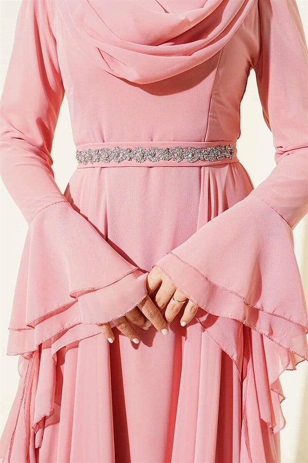 Waist-Embellished, V-Neck Chiffon Evening Dress in Powder Pink