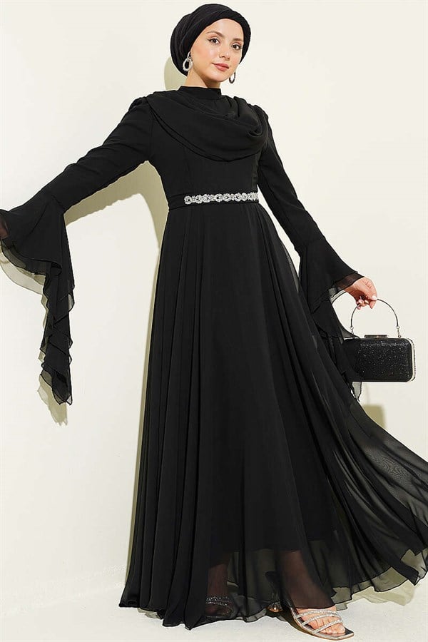 Black Chiffon Evening Dress with Belt Embellished and V-Neck
