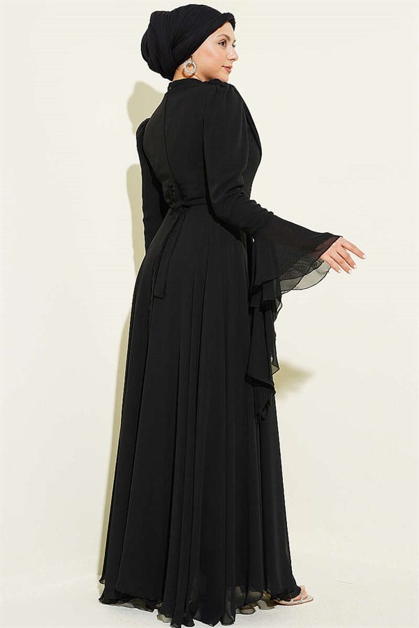 Black Chiffon Evening Dress with Belt Embellished and V-Neck
