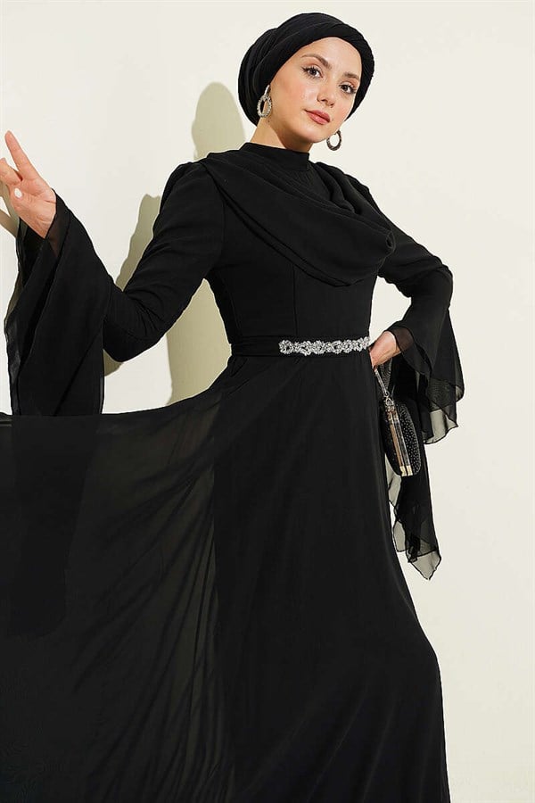Black Chiffon Evening Dress with Belt Embellished and V-Neck