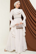 Waist-embellished, V-neck chiffon evening dress with rhinestones.