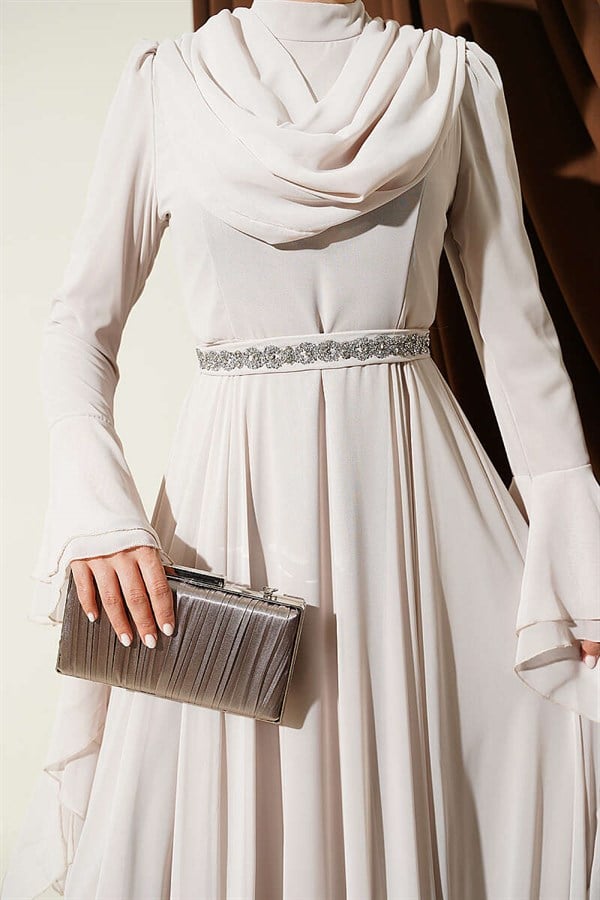 Waist-embellished, V-neck chiffon evening dress with rhinestones.